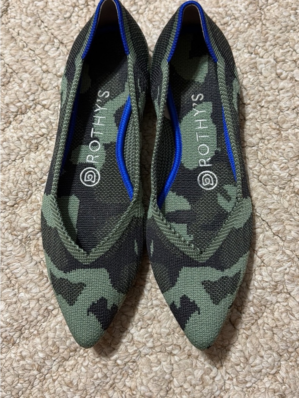 Rothy's Camouflage Pointed-Toe Knit Flats in Olive & Black